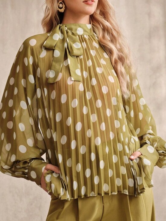 Tops - Green Polka Dot Chiffon Tie-Neck Pleated Bishop Sleeve Top